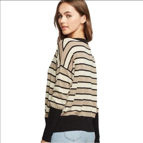 Chaser Lurex Striped V Neckline Pullover Sweater Black Tan Womens Size Small - Picture 3 of 10
